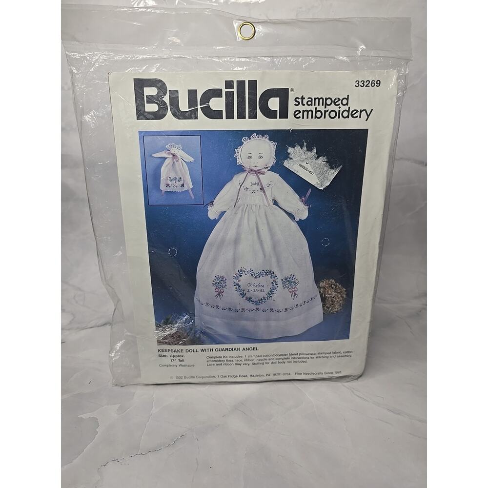 1992 Bucilla Stamped Embroidery Keepsake Doll with Guardian Angel Kit 17"